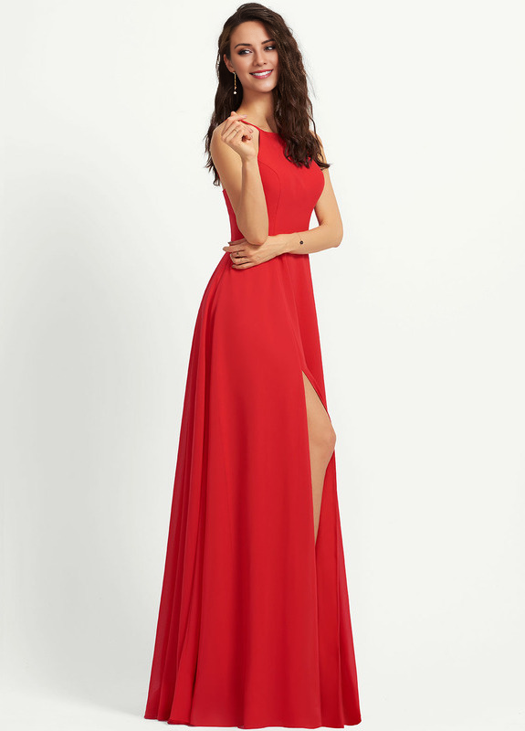 A-line low round neck floor down chiffon bridesmaid dress