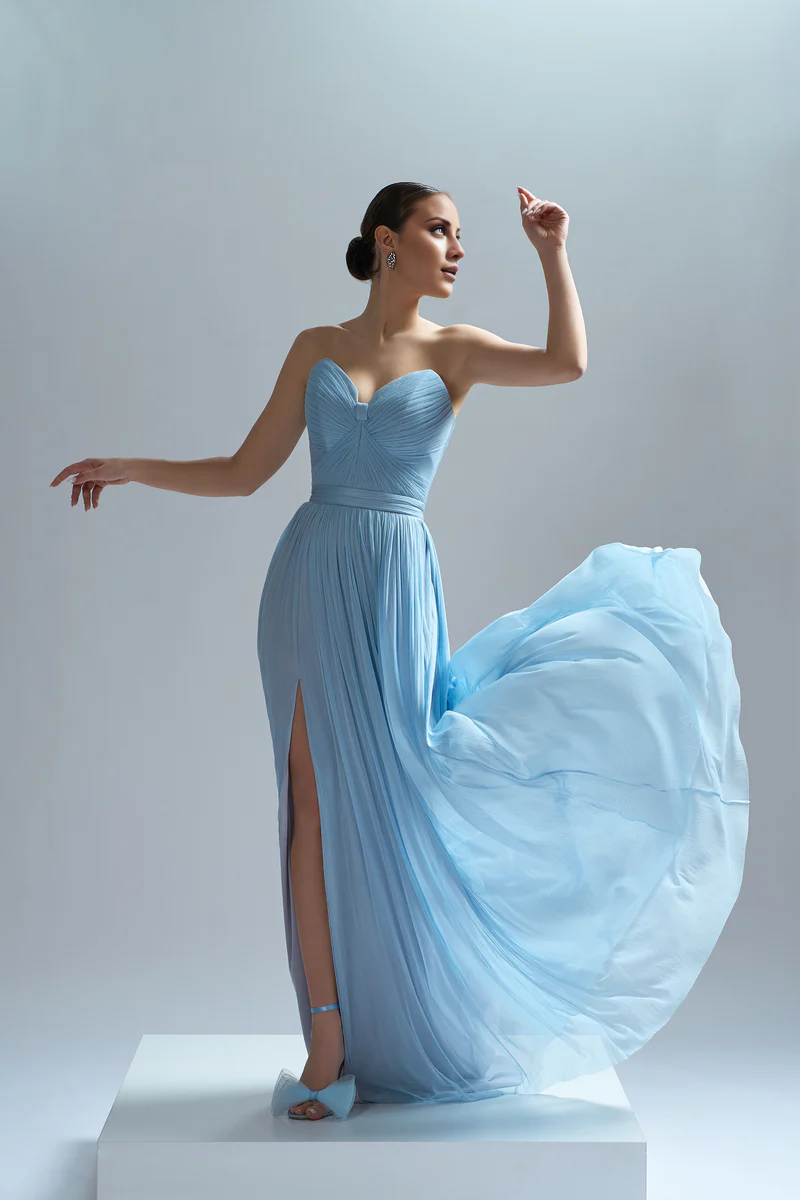 A-line chiffon pleated garment with slit and floor length evening gown