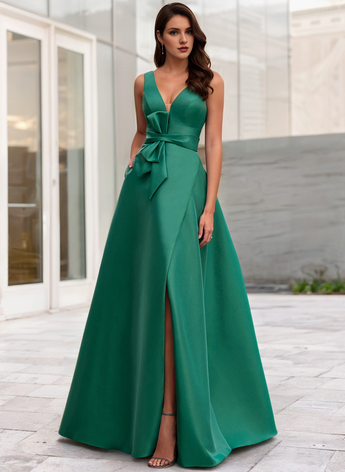 A-line evening gown high slit dress formal makeup ball and floor length sleeveless V-neck belt/waistband ribbon bow slit 2025 gods evening dresses