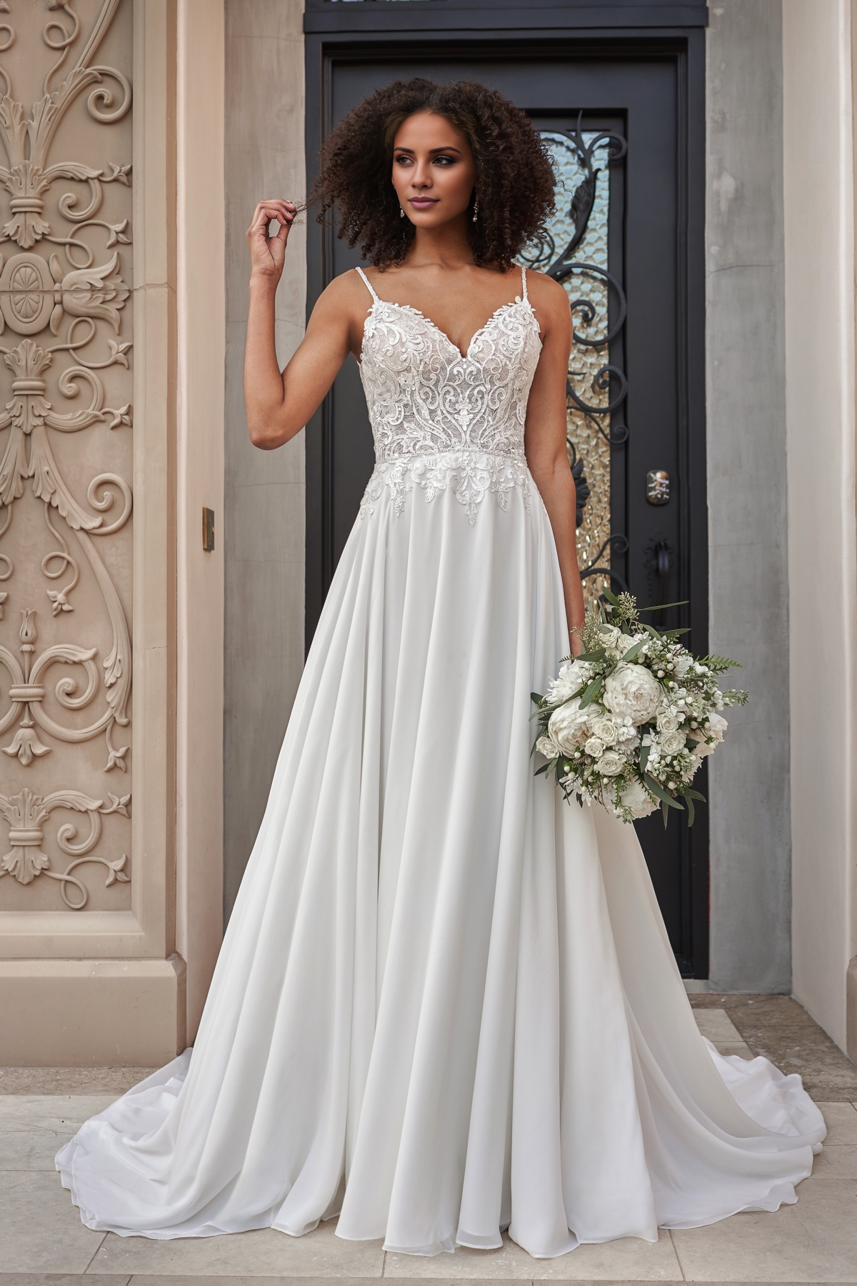 A-line heart-shaped neckline with beaded thin shoulder straps and floor length wedding dress