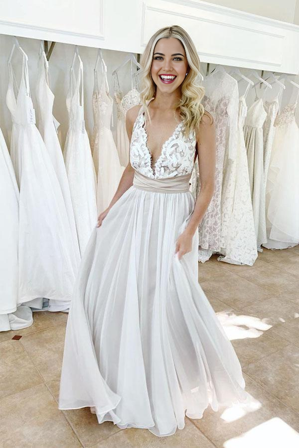 A-line Deep V-Neck Elegant Criss Cross Wedding Dress with Waistband