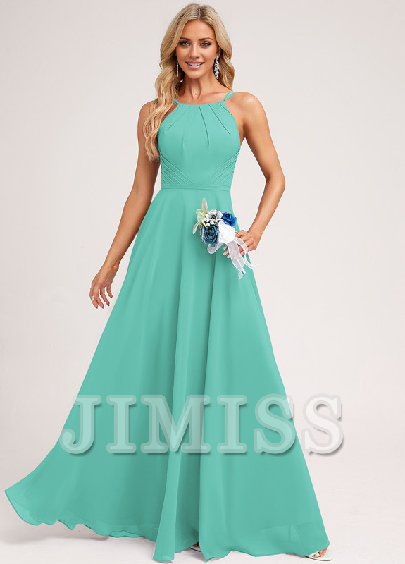 A-Line Halter Neck Floor Length Chiffon Bridesmaids Dress