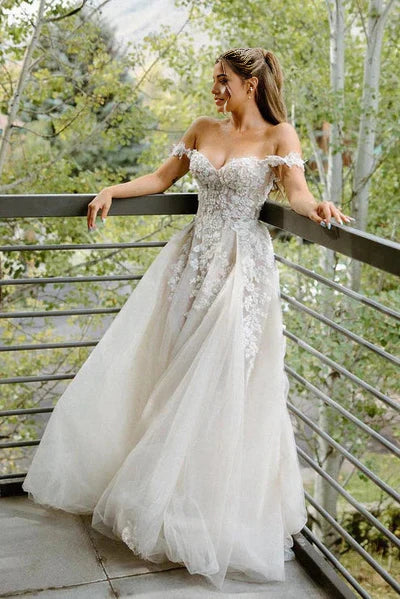 A Line Off the Shoulder Appliques Bridal Gown Long Wedding Dresses