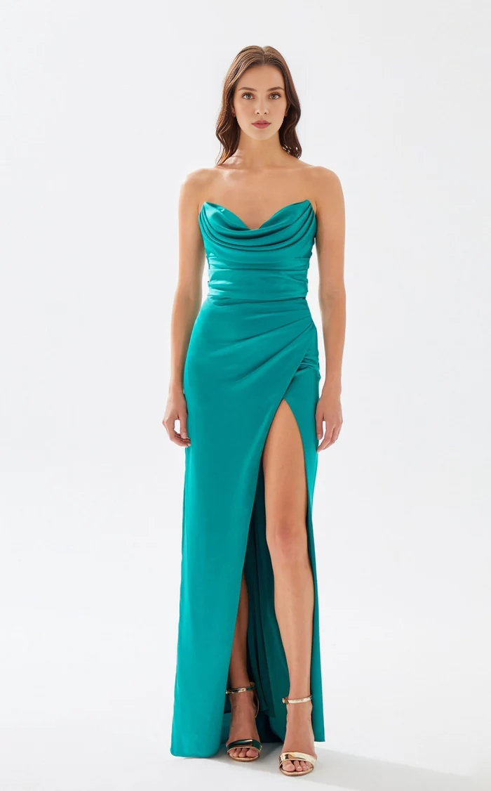 A-line chicken heart collar strapless backless high slit and floor length evening dress
