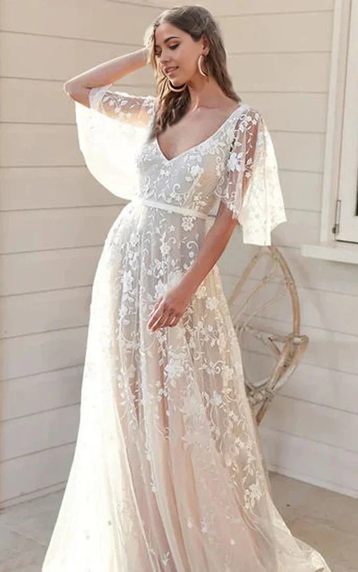 A-Line Floral Lace Deep-V Back Short Bell Sleeve Wedding Dress