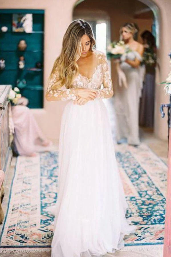 A-line Long Sleeve Ivory Tulle See Through Backless Wedding Dresses
