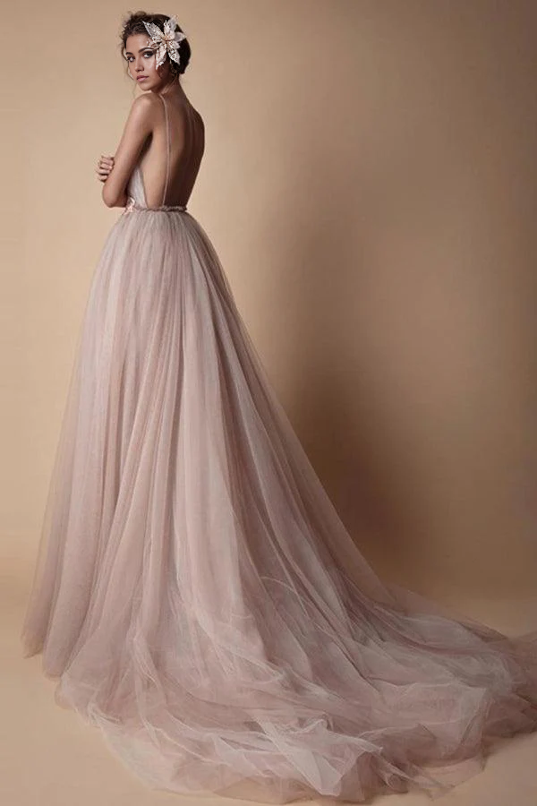 A-line Beach Deep V Neck Spaghetti Strap Wedding Dresses With Applique