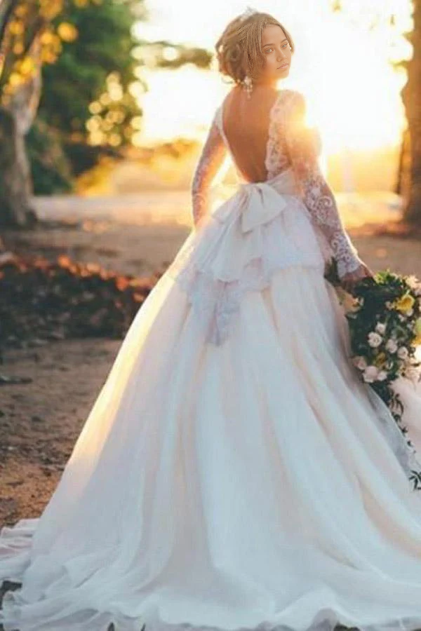 A-line Long Sleeves Organza Ball Gown Wedding Dress with Beading Lace