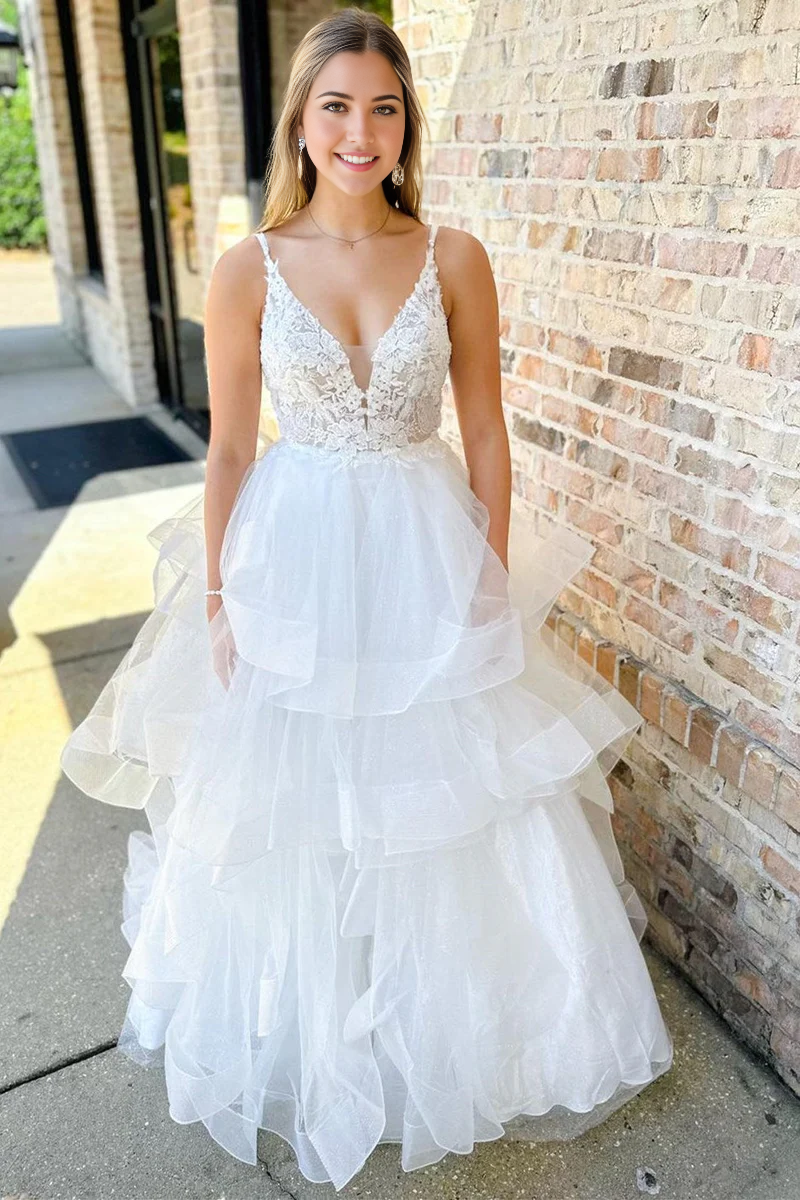 A-line Appliques Backless Multi-Layer Long Wedding Dress