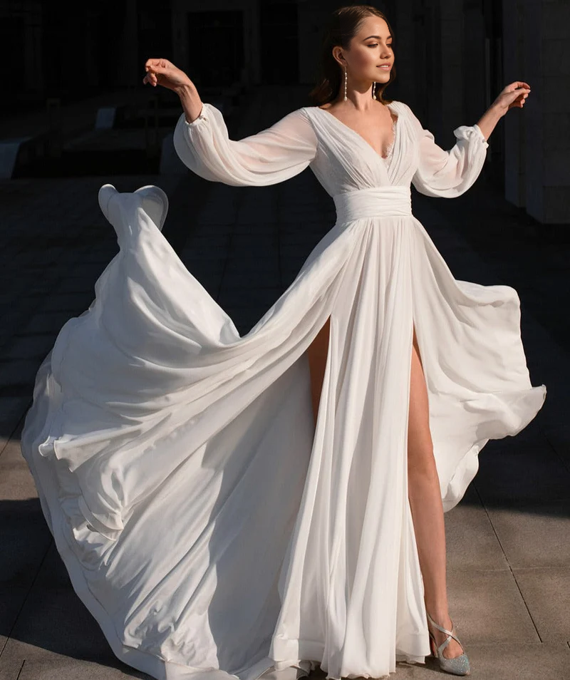 A-Line Boho V Neck Long Sleeve Wedding Dress