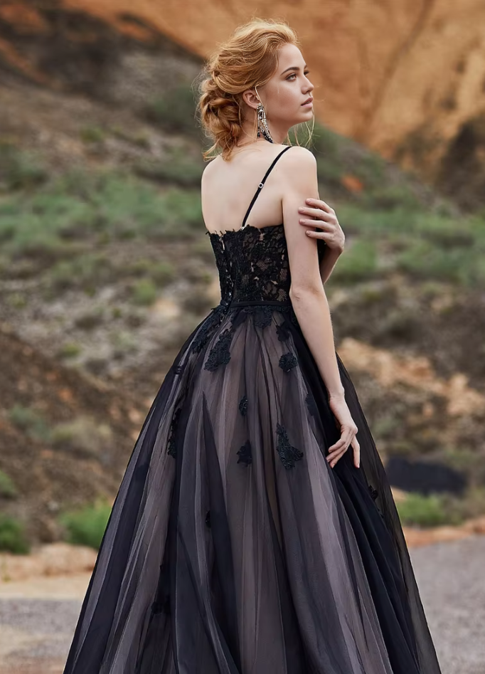 A-line Lace Applique Spaghetti Straps Black Wedding Dress
