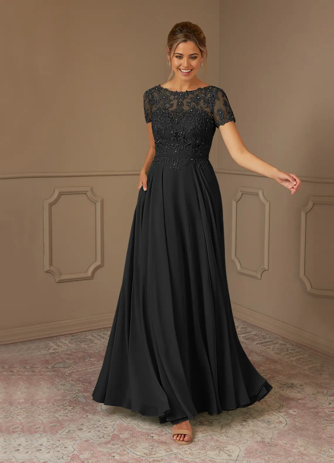 A-Line Boatneck Sequins Chiffon Black dresses formal Mother of the Bride Dresses