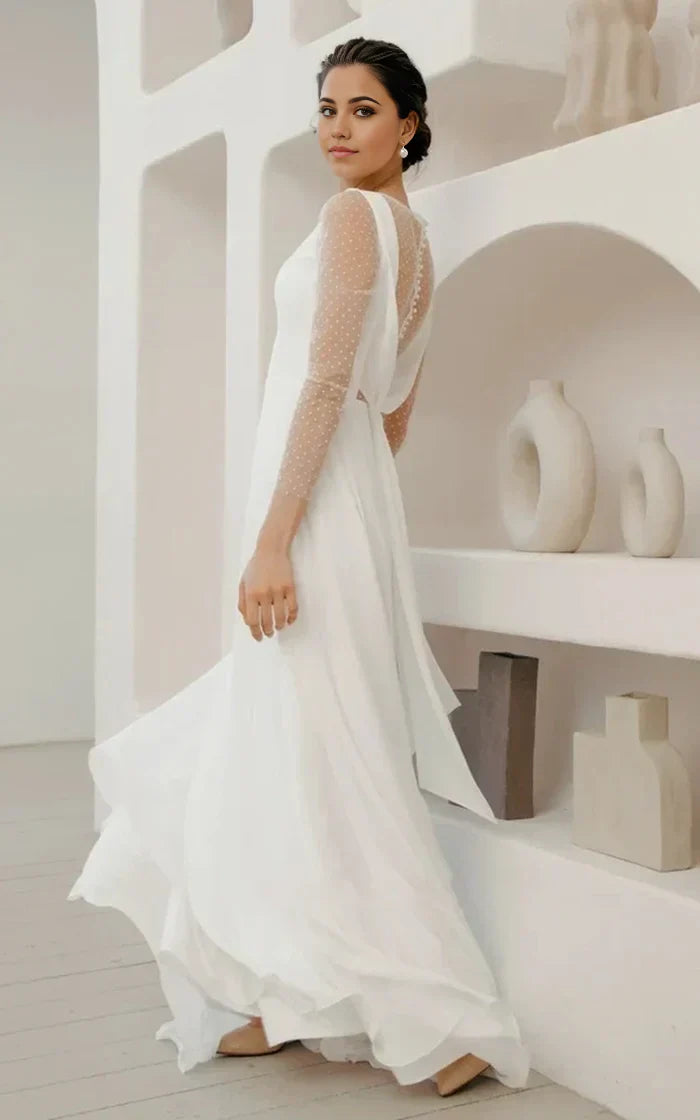 A-Line Chiffon Minimalist Sleeved Pearl Button Low Back Bridal Gown Wedding Dress