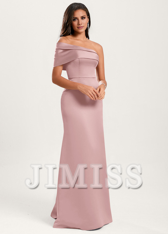 A-line asymmetric neckline floor-length satin bridesmaids dress