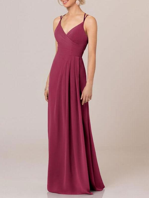 A Line V Neck Sleeveless Backless Pleated Chiffon Floor Length formal dresses evening gown Bridesmaid Dresses