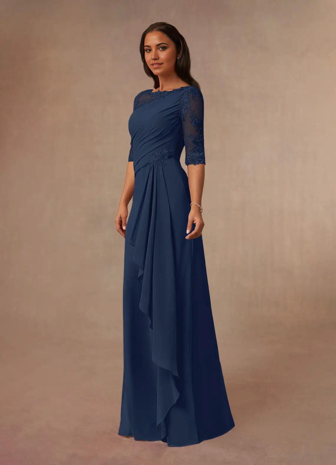 A-Line Boatneck Lace Chiffon Dark Navy formal dresses evening dress Mother of the Bride Dresses