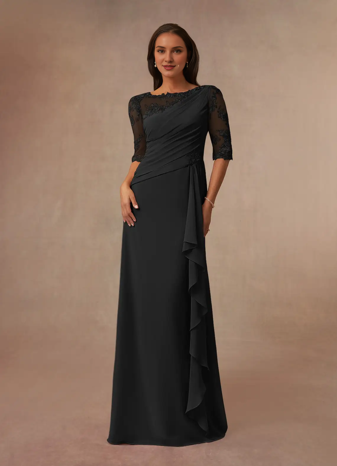 A-line boat collar lace chiffon and floor length mother of the bride dress