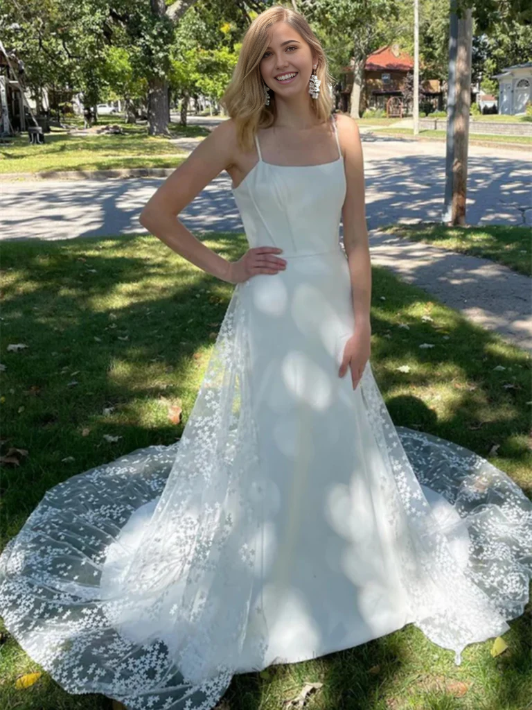 A Line Cute White Lace Long Prom Dresses Wedding Dresses with Train