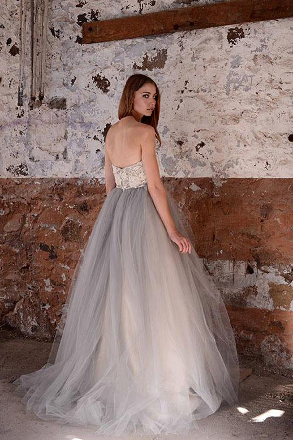 A-line Lace Grey Tulle Strapless Sweetheart Neck White Wedding Dress