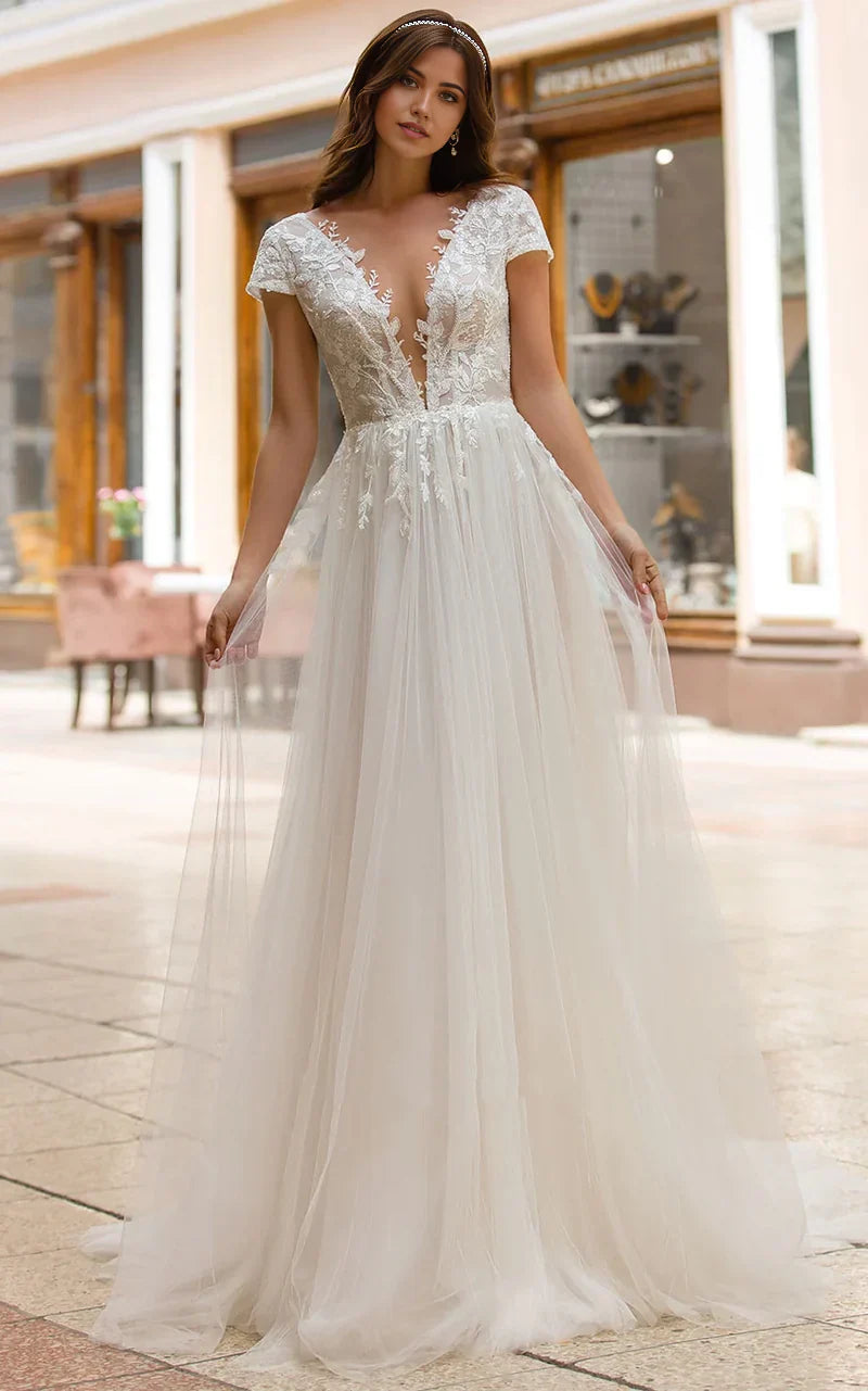 A Line Plunging Neckline Tulle Sweep Train Wedding Dress with Appliques