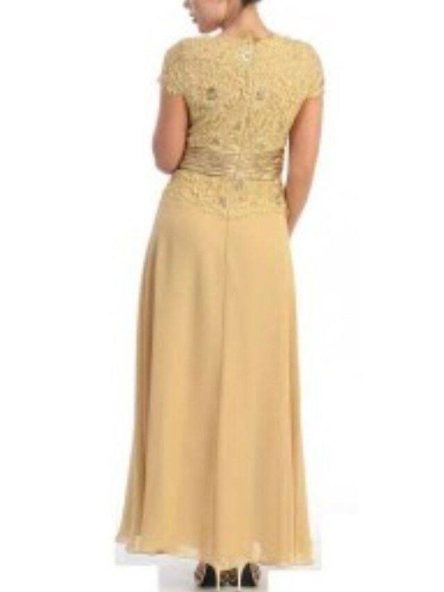 A-Line Mother of the Bride Dress Elegant Jewel Neck Ankle Length Chiffon Short Sleeve with Lace Sash / Ribbon Appliques - RongMoon