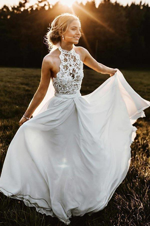 A-Line Beach Halter Sleeveless Chiffon Long Wedding Dress with Lace