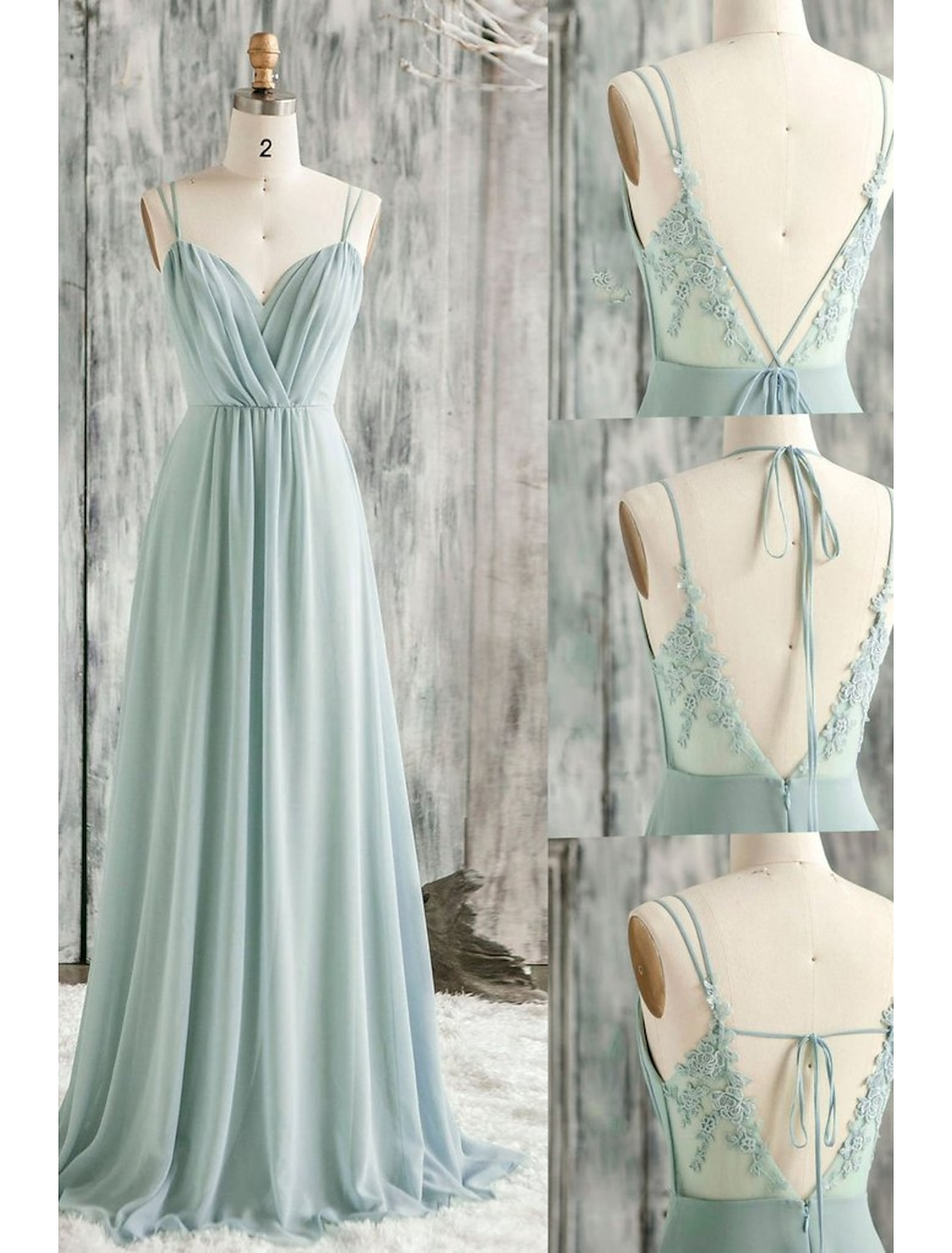 A-Line Bridesmaid Dress V Neck / Spaghetti Strap Sleeveless Sexy Floor Length Chiffon / Lace with Appliques 2022