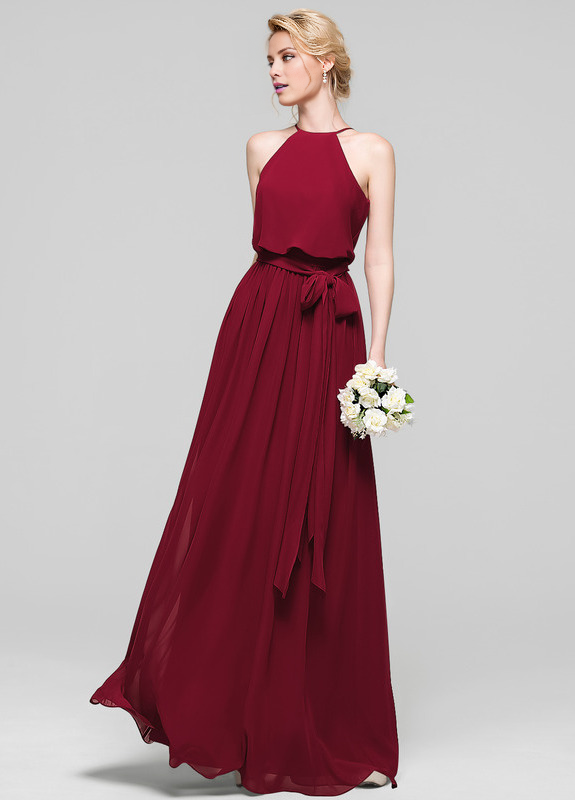 A-line low round neck bow floor mopping chiffon bridesmaid dress