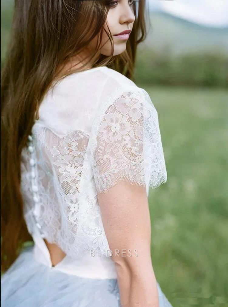 A Line Beautiful lace Top Short Sleeves Prom Dress Wedding Dresses