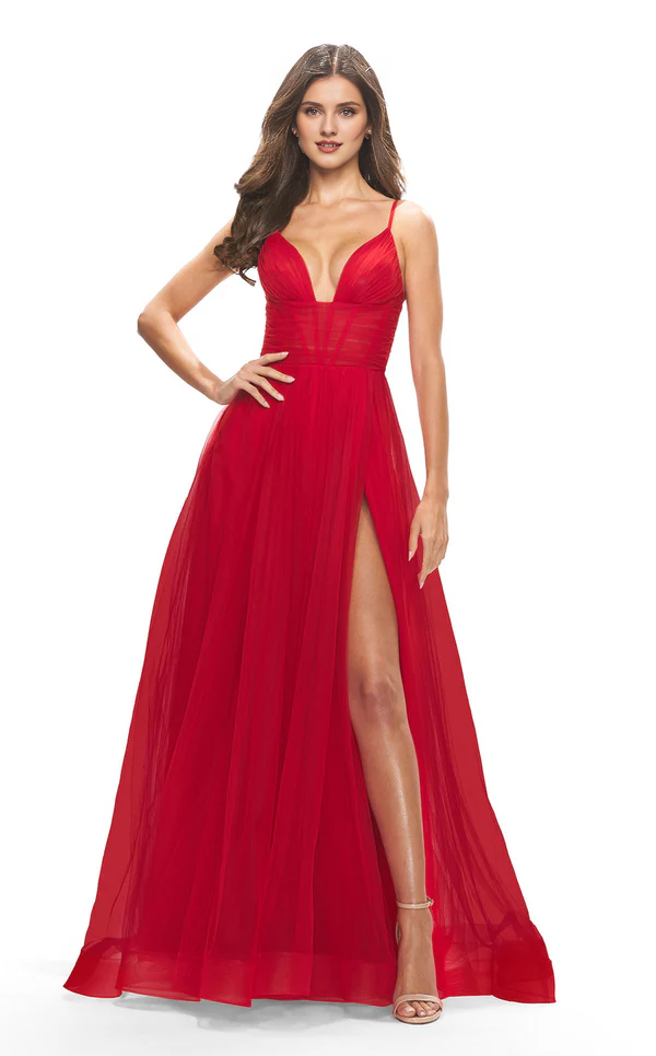 A-line deep V-neckline tight corset with thin shoulder straps sheer and floor length prom ress