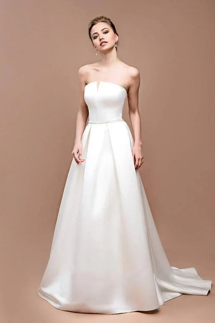 A-line Jewel Strapless Satin Lace Lace-Up Corset Back Wedding Dress