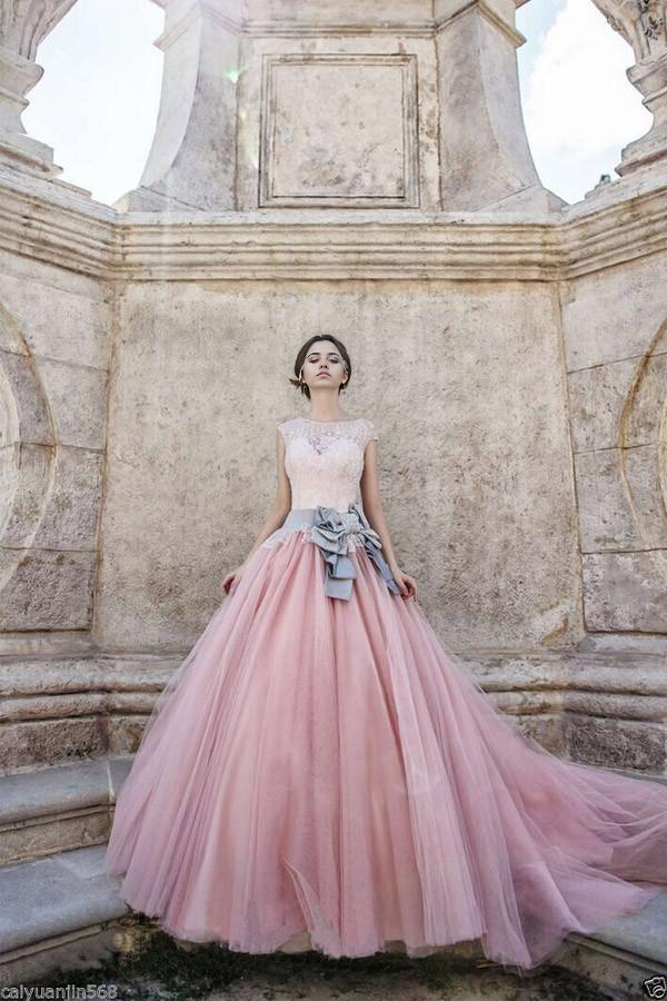 A-line Cap Sleeves Ball-Gown Lace Bowknot Pink Tulle Wedding Dresses