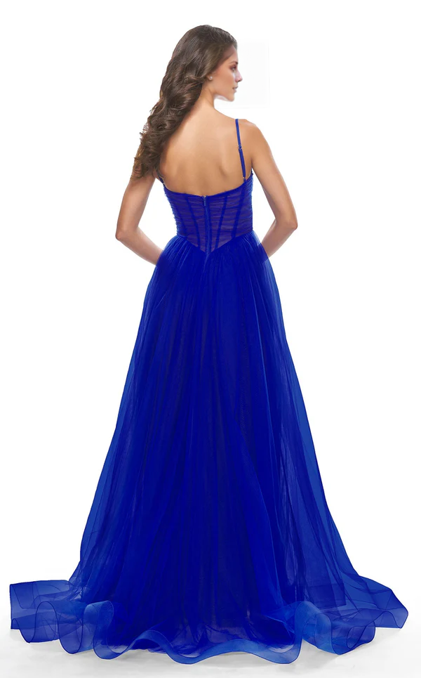 A-line deep V-neckline tight corset with thin shoulder straps sheer and floor length prom ress