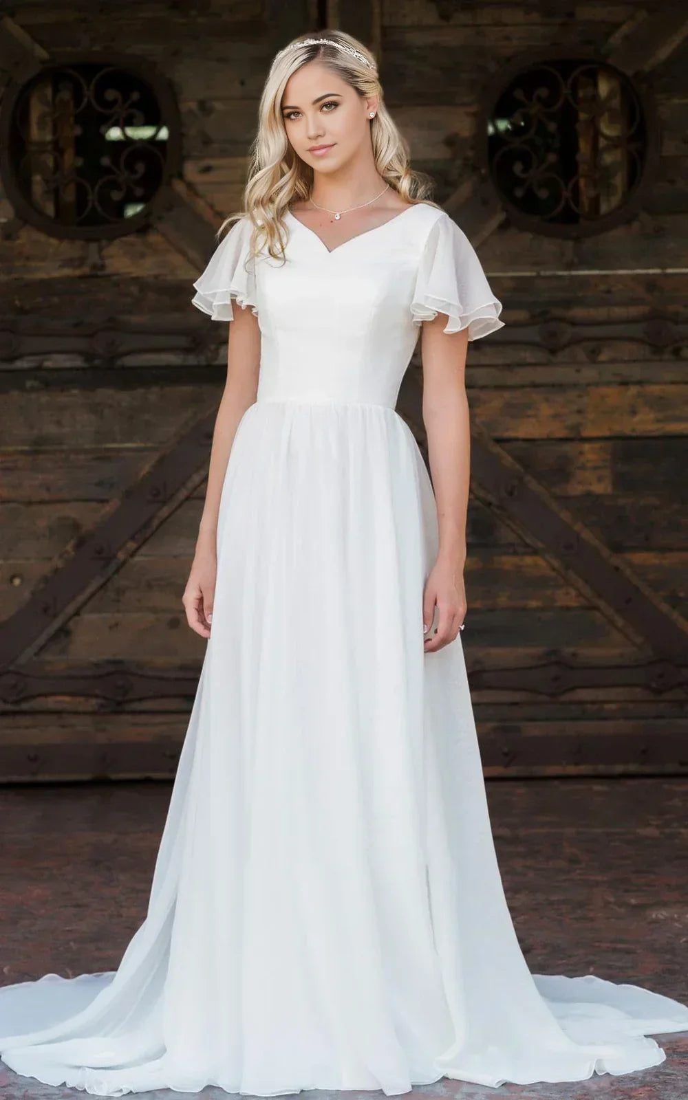 A Line V-neck Chiffon Floor-length Train Short Sleeve Wedding Dress with Ruffles