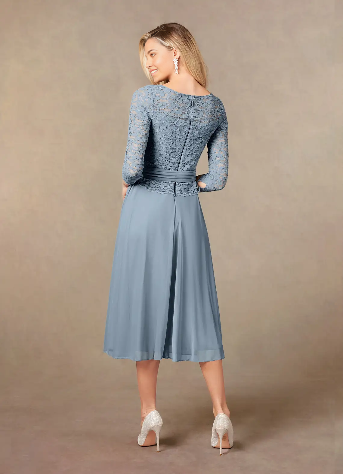 A-Line Crew Neck Tea Length Lace Dusty Blue formal dresses evening dress Mother of the Bride Dresses