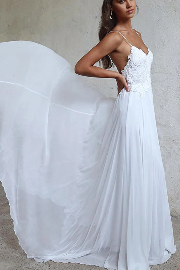 A-line Elegant Straps White Long Chiffon Beach Wedding Dress