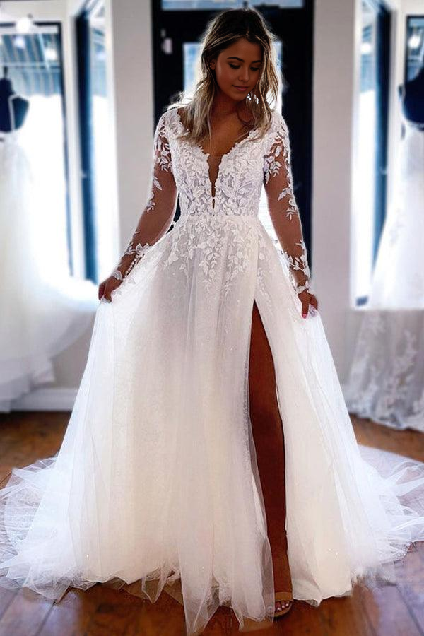 A Line V Neck Elegant Lace Long Sleeves Wedding Dresses