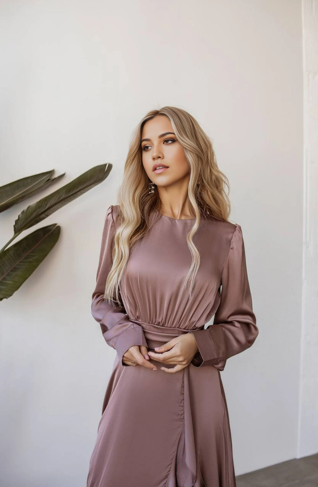 A-line Crew Neck Long Sleeve Bridesmaid Dress Formal Dresses for Wedding Guest Cocktail Dress Mother of the Bride Dresses With High Slit