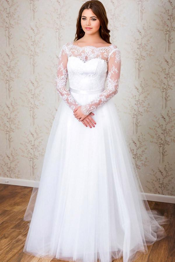 A-line Elegant Long Sleeves White Lace Bridal Gowns Wedding Dress