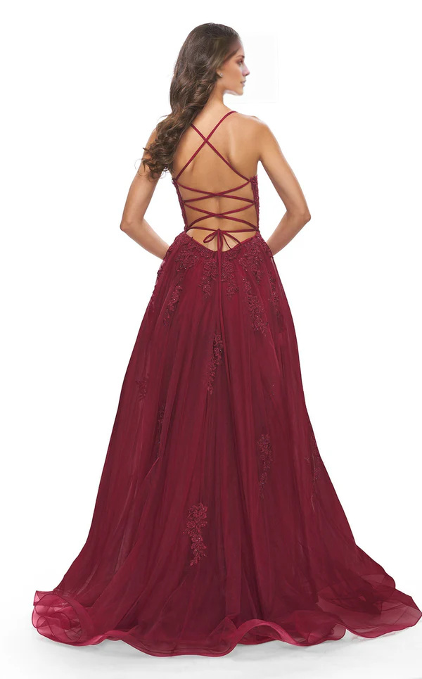 A-line deep straight neckline beaded lace tight corset sheer and floor length Prom ress