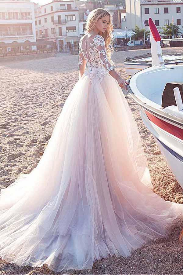 A-line Appliques Tulle Scoop Neckline Wedding Dress With Lace