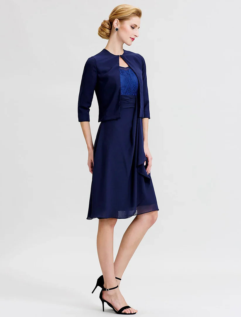 A-Line / Two Piece Jewel Neck Knee Length Chiffon / Corded Lace Mother of the Bride Dress with Sash