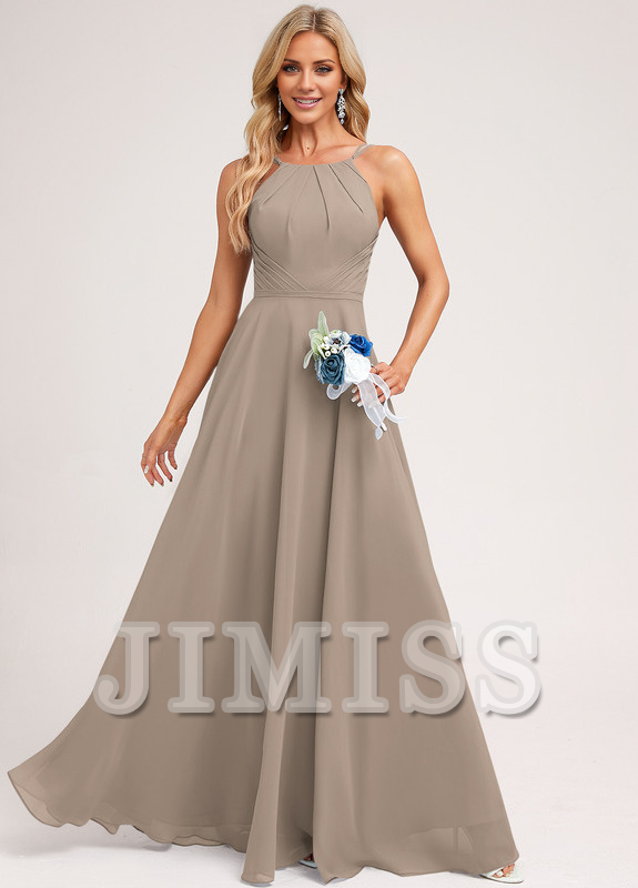 A-Line Halter Neck Floor Length Chiffon Bridesmaids Dress