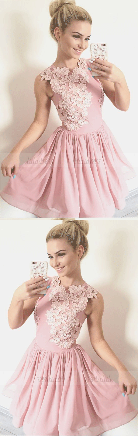 A-Line Crew Above-Knee Blush Organza Homecoming Dress with Appliques