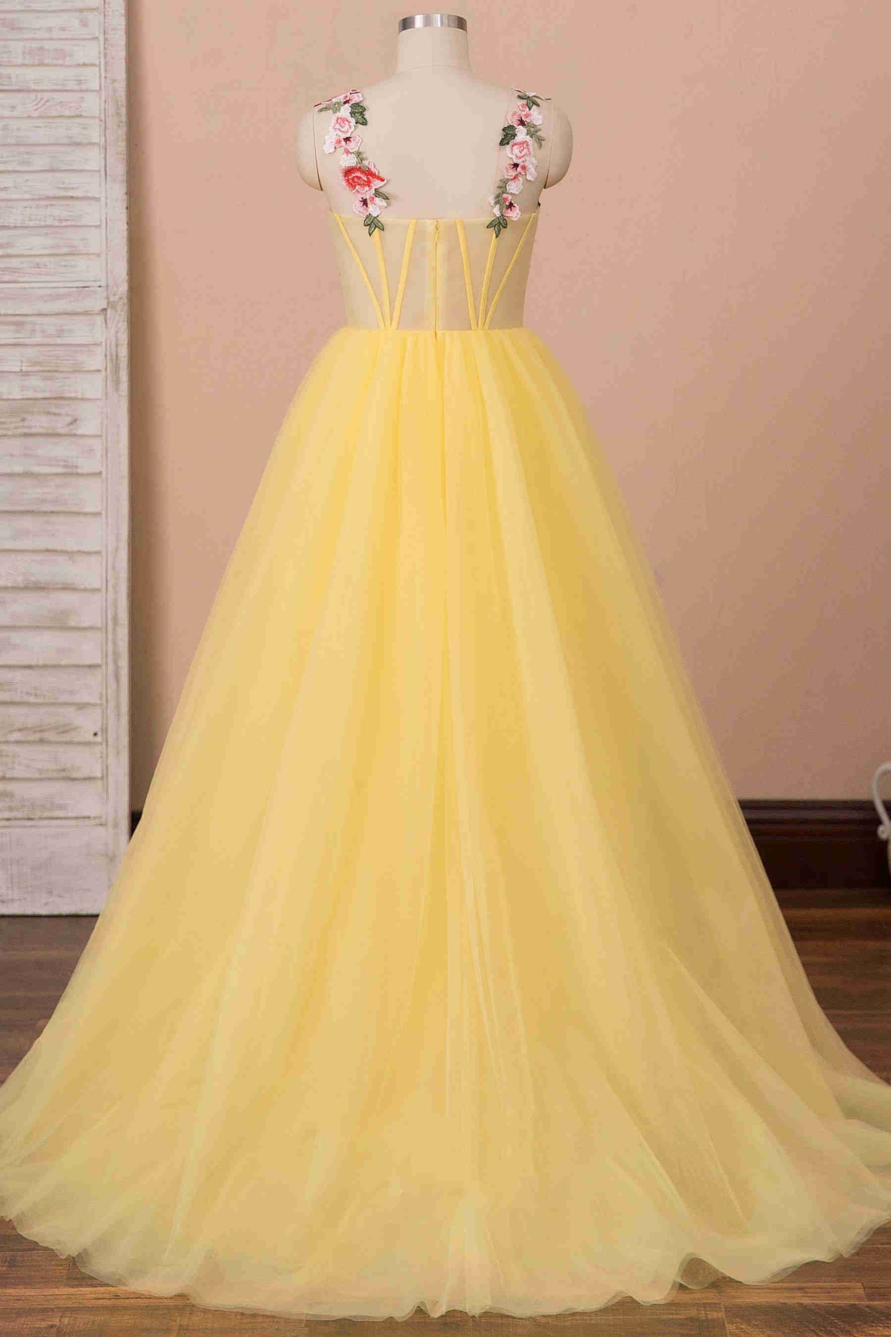 A-line High Slit Yellow Tulle Prom Dress with Flower Appliques
