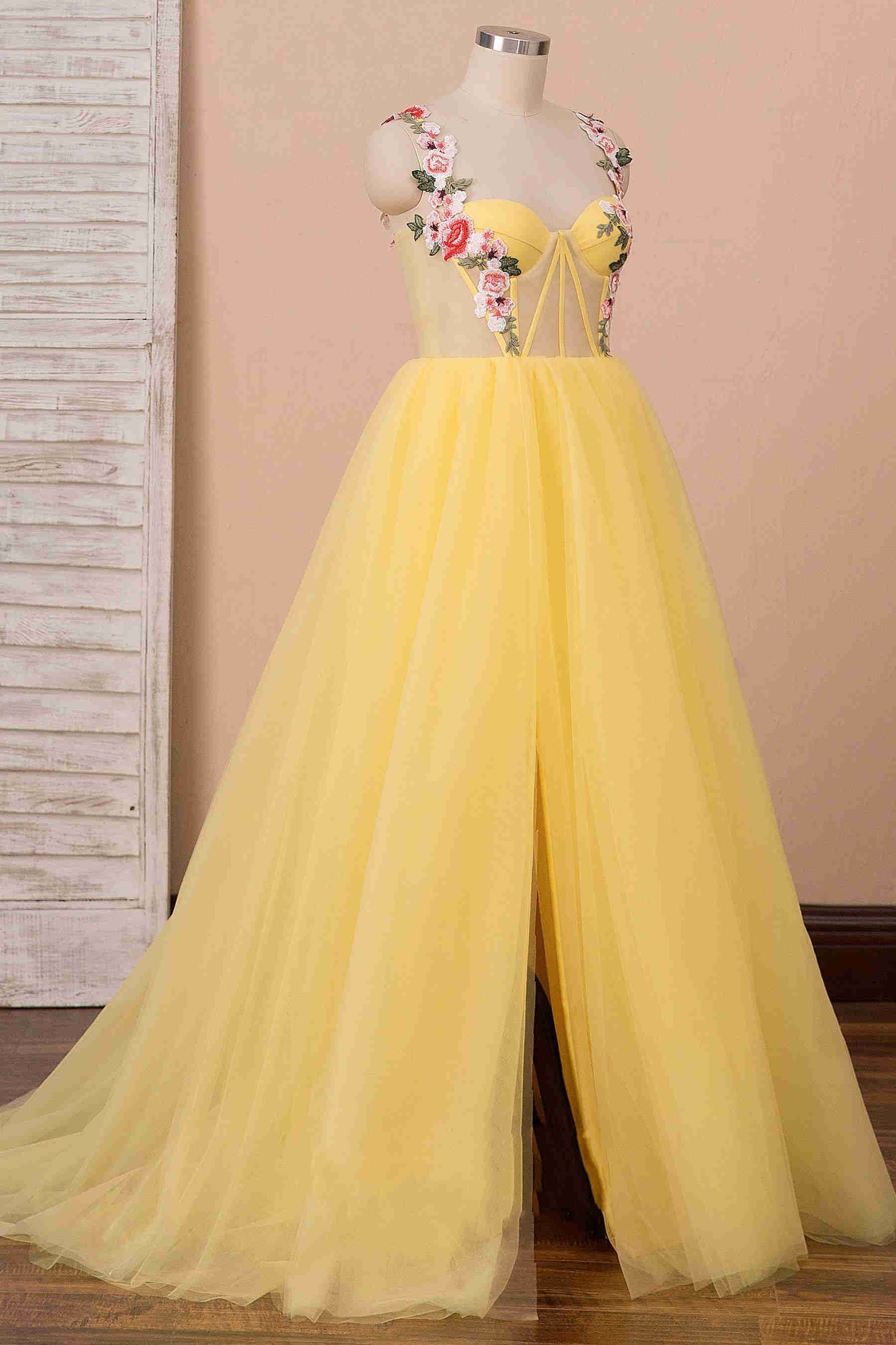 A-line High Slit Yellow Tulle Prom Dress with Flower Appliques