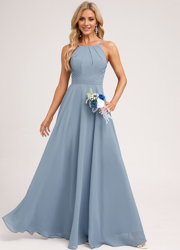 A-Line Halter Neck Floor Length Chiffon Bridesmaids Dress