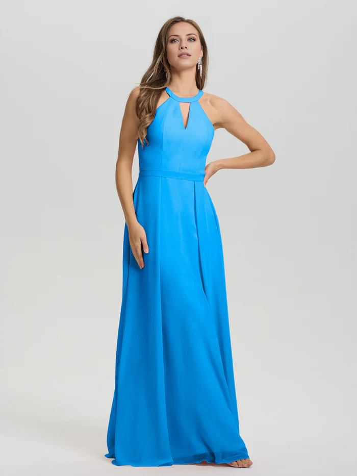 A-line keyhole collar sleeveless chiffon and floor length bridesmaid dress