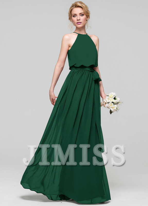 A-line low round neck bow floor mopping chiffon bridesmaid dress