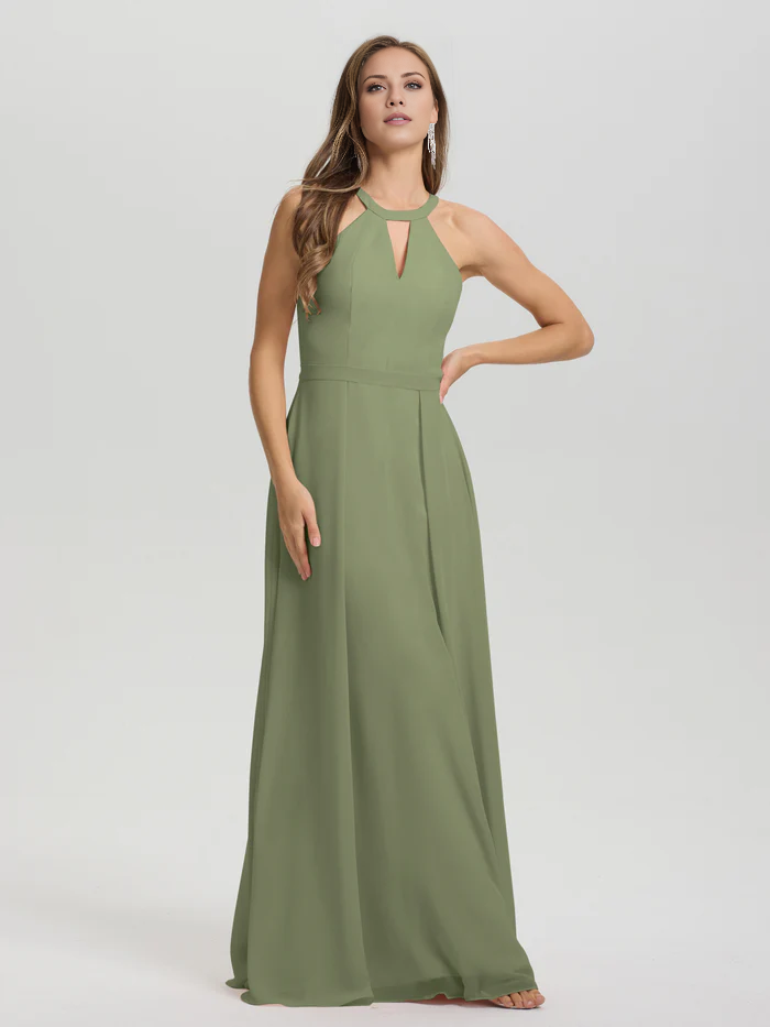 A-line keyhole collar sleeveless chiffon and floor length bridesmaid dress